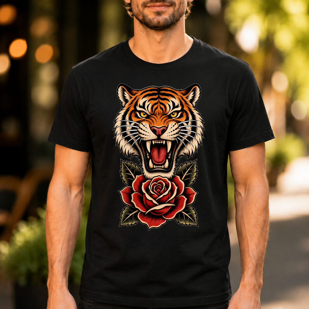 Traditional Tiger Rose Tattoo Tshirt