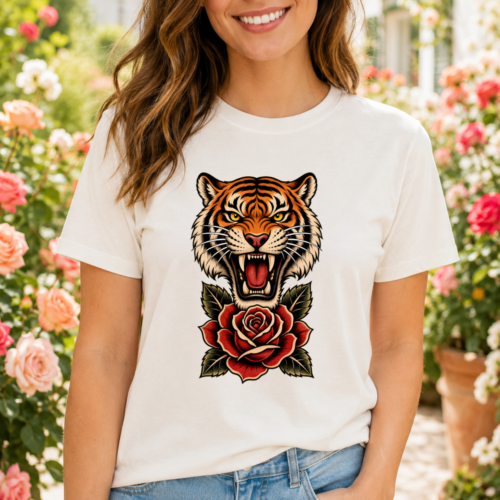Traditional Tiger Rose Tattoo Tshirt