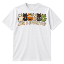 Six cute cats in ghost, vampire, pumpkin, mummy, skeleton, and monster costumes above the words Just a spooky cat.