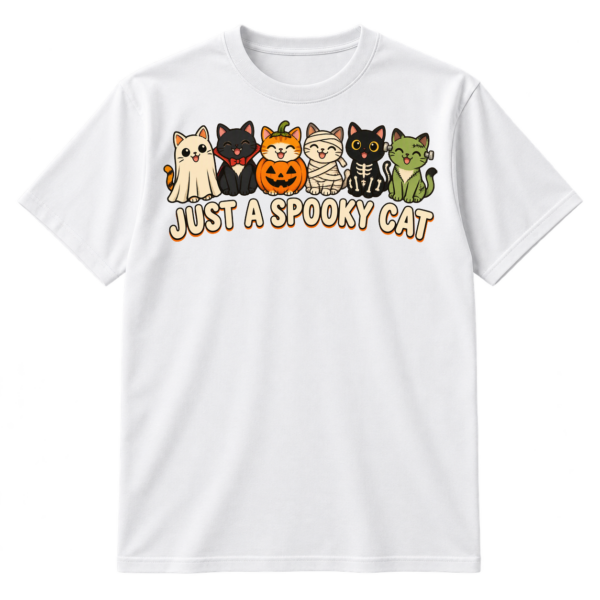 Six cute cats in ghost, vampire, pumpkin, mummy, skeleton, and monster costumes above the words Just a spooky cat.