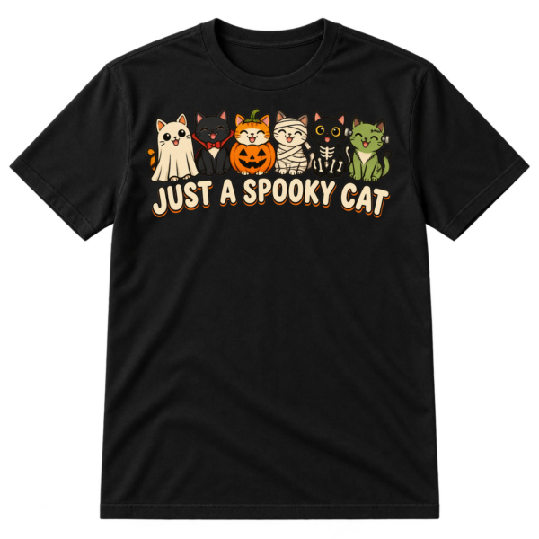 Six cute cats in ghost, vampire, pumpkin, mummy, skeleton, and monster costumes above the words Just a spooky cat.