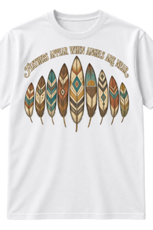 Arched Feathers Appear When Angels Are Near quote above nine vintage patterned feather illustrations.