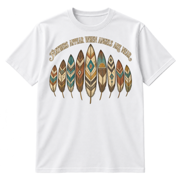 Arched Feathers Appear When Angels Are Near quote above nine vintage patterned feather illustrations.