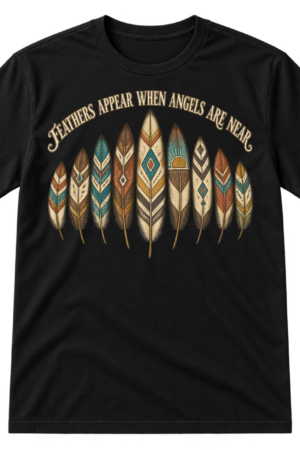 Arched Feathers Appear When Angels Are Near quote above nine vintage patterned feather illustrations.