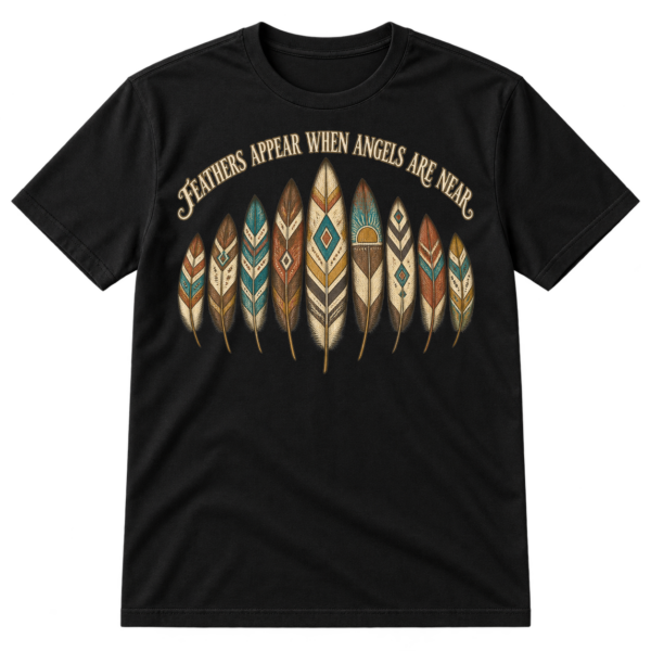 Arched Feathers Appear When Angels Are Near quote above nine vintage patterned feather illustrations.