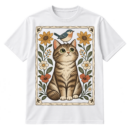 Wide-eyed seated cat with a small bird on its head, surrounded by flowers and leaves in a vintage linocut style.