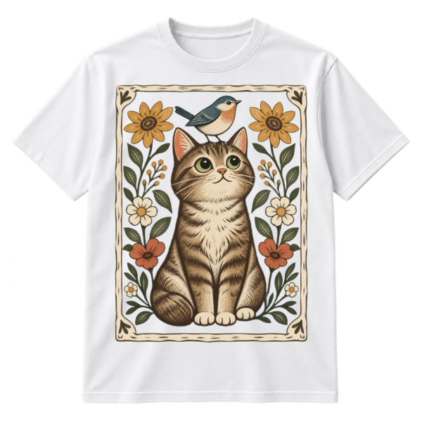 Wide-eyed seated cat with a small bird on its head, surrounded by flowers and leaves in a vintage linocut style.