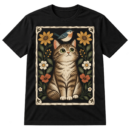 Wide-eyed seated cat with a small bird on its head, surrounded by flowers and leaves in a vintage linocut style.