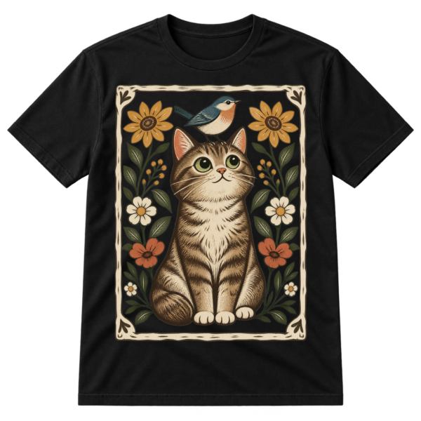Wide-eyed seated cat with a small bird on its head, surrounded by flowers and leaves in a vintage linocut style.