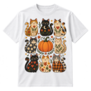 Folk-art illustration of eight smiling patterned cats arranged around a central pumpkin in a three-by-three grid, with hearts, stars, florals, dots, sprigs, and curls.