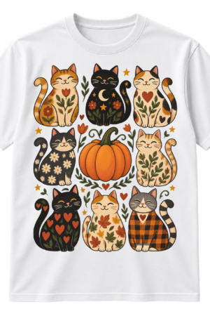 Folk-art illustration of eight smiling patterned cats arranged around a central pumpkin in a three-by-three grid, with hearts, stars, florals, dots, sprigs, and curls.
