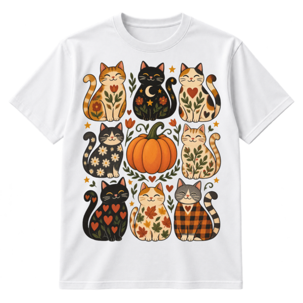 Folk-art illustration of eight smiling patterned cats arranged around a central pumpkin in a three-by-three grid, with hearts, stars, florals, dots, sprigs, and curls.