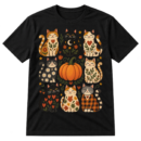 Folk-art illustration of eight smiling patterned cats arranged around a central pumpkin in a three-by-three grid, with hearts, stars, florals, dots, sprigs, and curls.