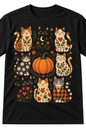 Folk-art illustration of eight smiling patterned cats arranged around a central pumpkin in a three-by-three grid, with hearts, stars, florals, dots, sprigs, and curls.