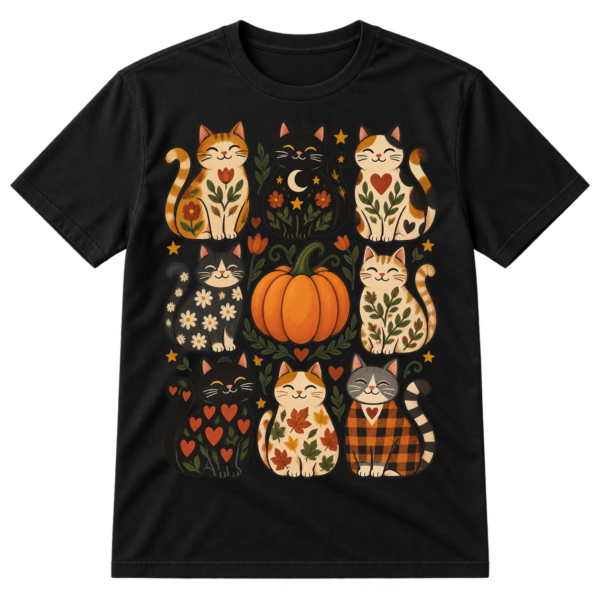 Folk-art illustration of eight smiling patterned cats arranged around a central pumpkin in a three-by-three grid, with hearts, stars, florals, dots, sprigs, and curls.