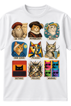 Nine hand-drawn cat portraits in a three-by-three grid, each labeled as a famous artist including Da Vinci, Monet, Van Gogh, Picasso, Dali, Pollock, and Warhol.