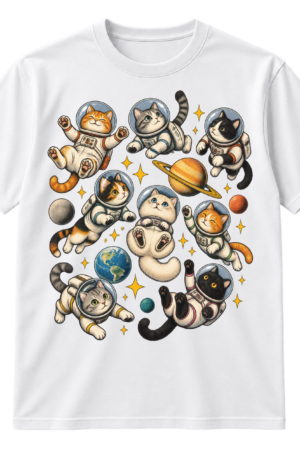 Eight whimsical cats in round astronaut helmets floating among stars and small planets in a vintage space illustration.