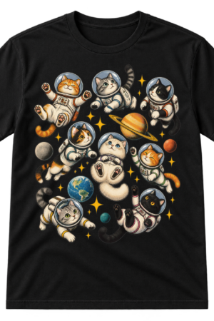 Eight whimsical cats in round astronaut helmets floating among stars and small planets in a vintage space illustration.