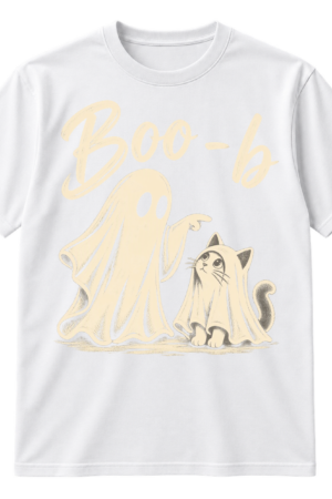 Vintage distressed graphic of a pointing sheet ghost beside a cat in a ghost costume, with the text “Boo - b” above.