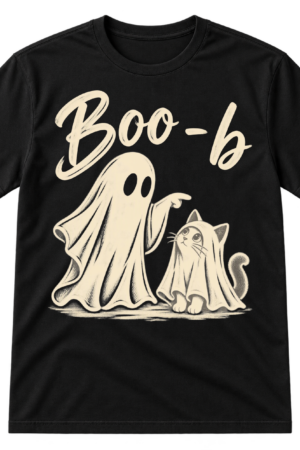 Vintage distressed graphic of a pointing sheet ghost beside a cat in a ghost costume, with the text “Boo - b” above.