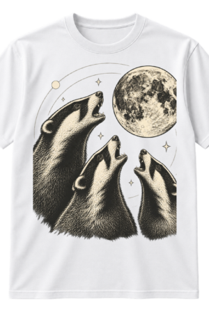 Vintage monochrome illustration of three howling badgers around a large full moon with stars and celestial circles.