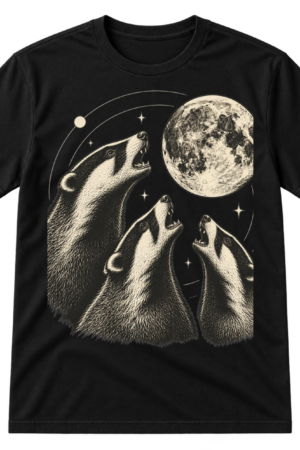 Vintage monochrome illustration of three howling badgers around a large full moon with stars and celestial circles.