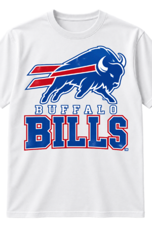 Buffalo Bills graphic with a blue charging buffalo over red speed stripes, BUFFALO lettering, and large red BILLS text.
