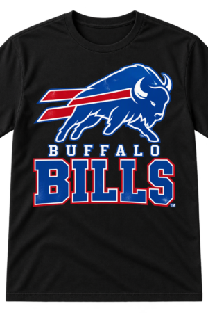 Buffalo Bills graphic with a blue charging buffalo over red speed stripes, BUFFALO lettering, and large red BILLS text.