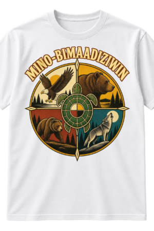 Vintage Mino-Bimaadiziwin circular emblem with eagle, bear, wolf, turtle, and central turtle-shell-inspired medicine wheel design.