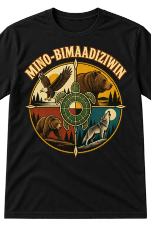 Vintage Mino-Bimaadiziwin circular emblem with eagle, bear, wolf, turtle, and central turtle-shell-inspired medicine wheel design.