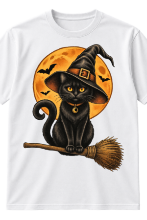 Vintage illustration of a black cat in a pointed witch hat sitting on a broomstick beneath a moon.