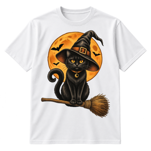 Vintage illustration of a black cat in a pointed witch hat sitting on a broomstick beneath a moon.