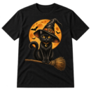 Vintage illustration of a black cat in a pointed witch hat sitting on a broomstick beneath a moon.