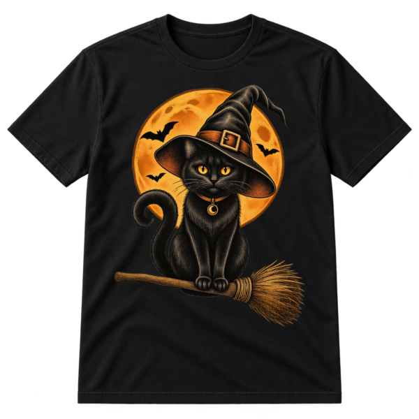 Vintage illustration of a black cat in a pointed witch hat sitting on a broomstick beneath a moon.