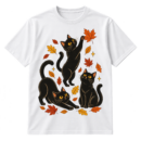 Vintage-style illustration of three playful black cats surrounded by scattered autumn leaves and a small sparkle.