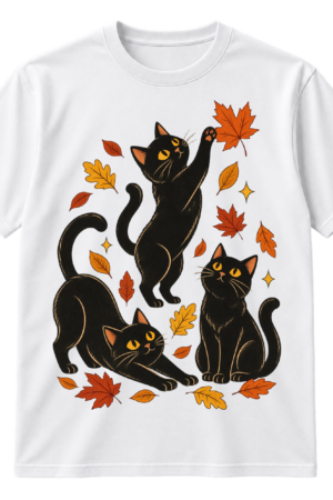 Vintage-style illustration of three playful black cats surrounded by scattered autumn leaves and a small sparkle.