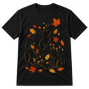 Vintage-style illustration of three playful black cats surrounded by scattered autumn leaves and a small sparkle.