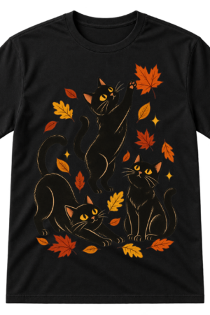 Vintage-style illustration of three playful black cats surrounded by scattered autumn leaves and a small sparkle.
