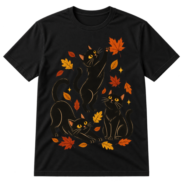 Vintage-style illustration of three playful black cats surrounded by scattered autumn leaves and a small sparkle.