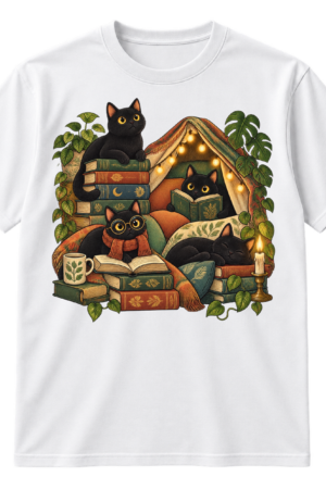 Vintage-style illustration of four black cats reading among books, plants, cushions, a candle, and a fairy-lit blanket tent.