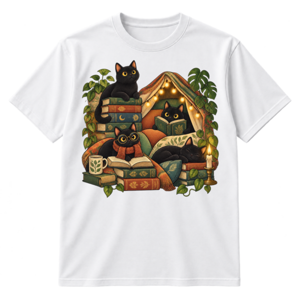 Vintage-style illustration of four black cats reading among books, plants, cushions, a candle, and a fairy-lit blanket tent.