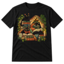 Vintage-style illustration of four black cats reading among books, plants, cushions, a candle, and a fairy-lit blanket tent.