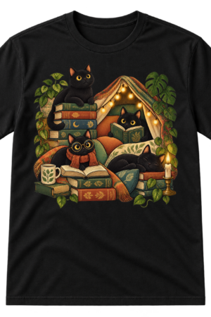 Vintage-style illustration of four black cats reading among books, plants, cushions, a candle, and a fairy-lit blanket tent.