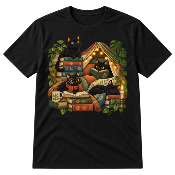 Vintage-style illustration of four black cats reading among books, plants, cushions, a candle, and a fairy-lit blanket tent.