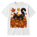 Wide-eyed black cat with golden eyes peeking from a pile of autumn leaves with scattered falling leaves.