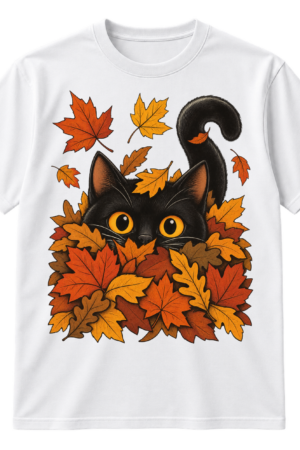 Wide-eyed black cat with golden eyes peeking from a pile of autumn leaves with scattered falling leaves.