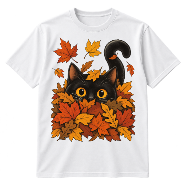 Wide-eyed black cat with golden eyes peeking from a pile of autumn leaves with scattered falling leaves.