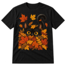 Wide-eyed black cat with golden eyes peeking from a pile of autumn leaves with scattered falling leaves.