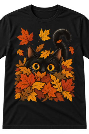 Wide-eyed black cat with golden eyes peeking from a pile of autumn leaves with scattered falling leaves.