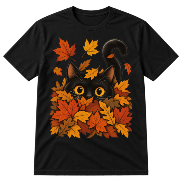 Wide-eyed black cat with golden eyes peeking from a pile of autumn leaves with scattered falling leaves.